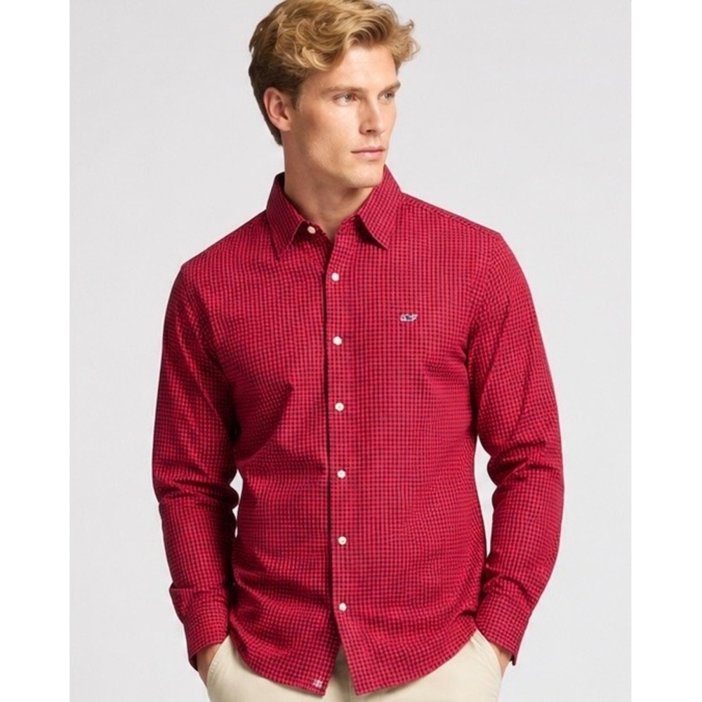 Vineyard Vines Mens Large Red Navy Gingham Stretch Cotton Button Down Shirt